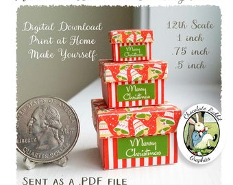 Dollhouse Miniature Christmas Box Set, Digital Download Printable Paper Craft Pattern, Mini 12th Scale Boxes, Tutorial Included