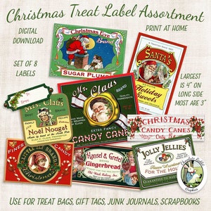 Christmas Treat Label Assortment, Digital Vintage Style Christmas Tags, Printable Holiday Candy Labels, Santa Clip Art, Junk Journal Clipart