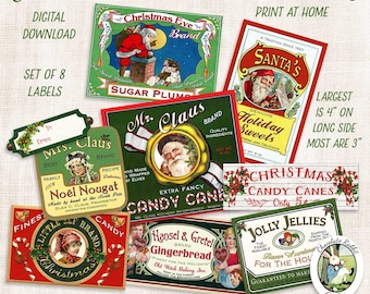 Christmas Treat Label Assortment, Digital Vintage Style Christmas Tags, Printable Holiday Candy Labels, Santa Clip Art, Junk Journal Clipart