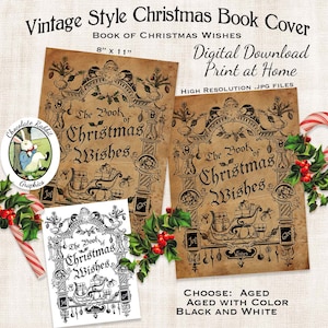 Christmas Wishes Book Cover Digital Download Printable Vintage Primitive Style DIY Clip Art Image Collage Fabric Transfer Scrapbook Sheet