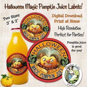 ハロウィーンの魔法のパンプキンジュースラベルサークルデジタルダウンロード印刷可能なボトルタグパーティーの記念品スクラップブッククリップアートグラフィックイメージ
