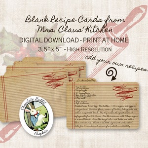 May include: Printable recipe cards featuring a vintage design with a red and white striped border. The cards are 3.5 inches by 5 inches and have the text "From Mrs. Claus Kitchen" on them. The cards are perfect for adding your own recipes.