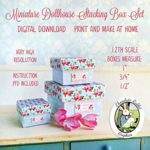 Dollhouse Miniature Box Set Digital Download Printable Paper Craft Pattern Mini 12th Scale Blue Floral Boxes DIY Tutorial Included