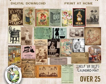 Vintage Laundry Clip Art, Primitive Digital Download, Printable Ephemera, Journals, Paper Crafts, Scrapbooks