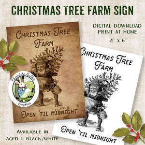 Vintage Christmas Tree Farm Sign, Digital Christmas Clipart, Printable Christmas Sign, Image Transfer, Gift Tag, Christmas Label