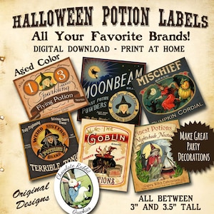 May include: A set of ten printable Halloween potion labels featuring vintage-style illustrations of witches, goblins, and other spooky characters. The labels are designed to be printed at home and are approximately 3 to 3.5 inches tall.