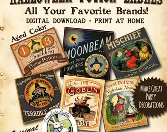 Witch Halloween Potion Bottle Labels, Digital Apothecary Clip Art, Vintage Style Party Decorations