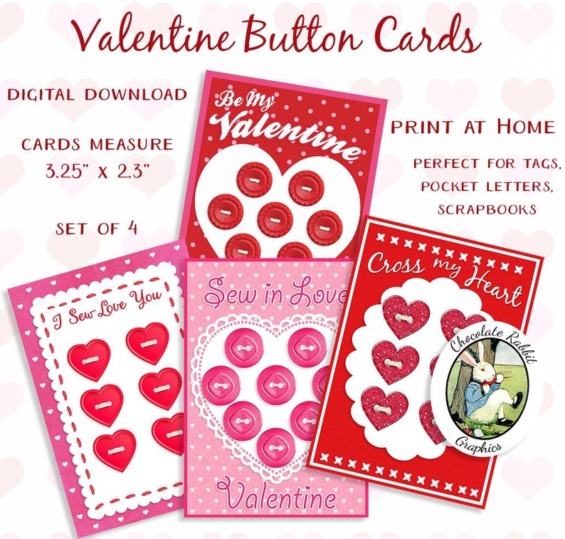 Valentine Button Cards Printable Valentine Tags Digital | Etsy