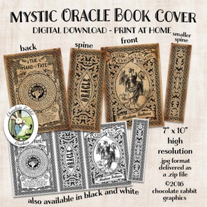 May include: Printable book cover design for a Mystic Oracle book. The cover features a black and white illustration of a woman with wings and a hand holding a globe. The text on the cover reads "Mystic Oracle Book" and "Madam Fortuna". The back cover features a black and white illustration of a hand of fate with numbers and text. The spine features the word "Oracle" in a decorative font.