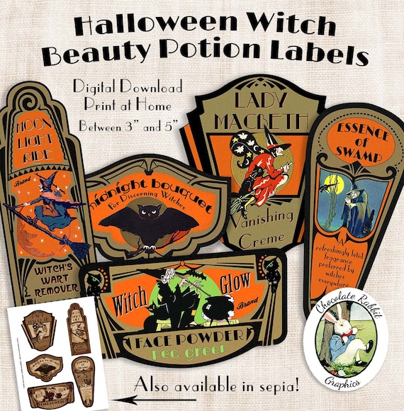 Halloween Witch Potion Labels: Art Deco Beauty Tags (Digital Download)
