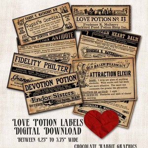 Love Potion Witch Apothecary Bottle Labels Digital Download Printable Aged Tags Halloween Image Collage Sheet