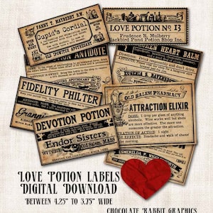 Love Potion Witch Apothecary Bottle Labels Digital Download Printable Aged Tags Halloween Image Collage Sheet