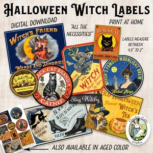 Vintage Halloween Witch Labels: Printable Junk Journal Ephemera (Digital Download)