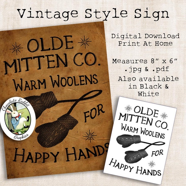 Vintage primitif Country Style Mitten Sign Digital Download Printable Mittens Label Tag Clip Art Image Graphics Scrapbook Fabric Transfer