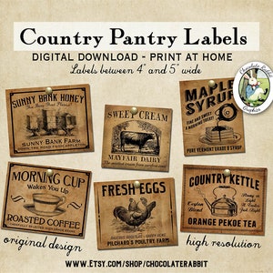 Vintage Country Primitive Pantry Labels, Digital Printable Kitchen Labels, Prim Clipart, Kitchen Decor, Vintage Style Prints