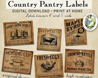 Vintage Country Primitive Pantry Labels, Digital Printable Kitchen Labels, Prim Clipart, Kitchen Decor, Vintage Style Prints