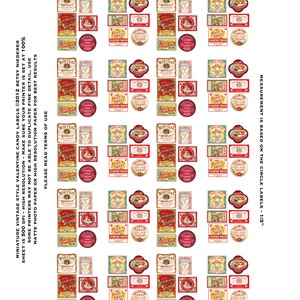 May include: A printable sheet of 36 vintage-style Valentine's Day candy labels. The labels feature a variety of designs, including hearts, flowers, and candy. The labels are perfect for adding a touch of vintage charm to your Valentine's Day treats.