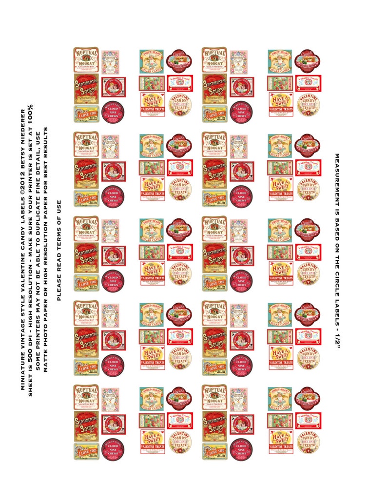 May include: A printable sheet of 36 vintage-style Valentine's Day candy labels. The labels feature a variety of designs, including hearts, flowers, and candy. The labels are perfect for adding a touch of vintage charm to your Valentine's Day treats.