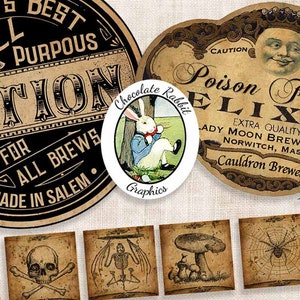 May include: A set of vintage-style Halloween labels featuring a witch's potion, a poison elixir, and various spooky illustrations. The labels are printed on a brown paper background with black and white text and images. The labels are perfect for adding a touch of Halloween magic to your crafts and decorations.