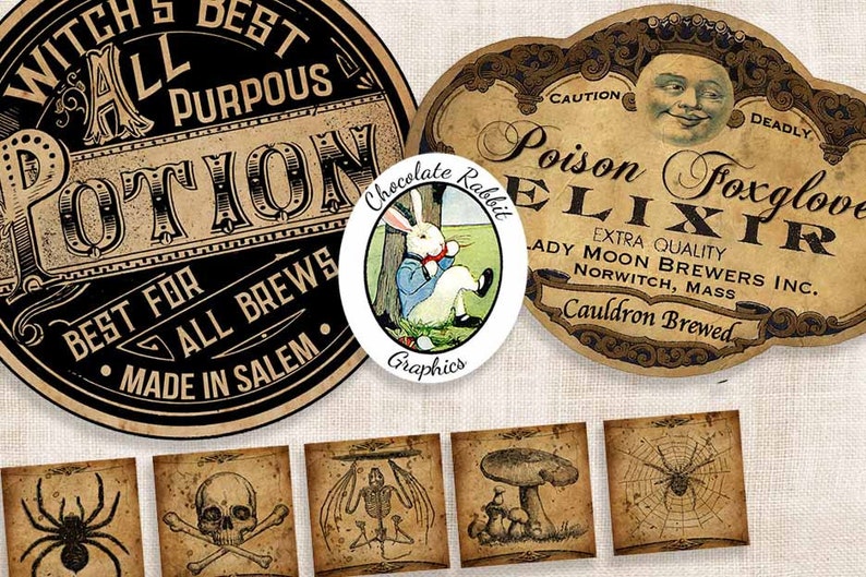 May include: A set of vintage-style Halloween labels featuring a witch's potion, a poison elixir, and various spooky illustrations. The labels are printed on a brown paper background with black and white text and images. The labels are perfect for adding a touch of Halloween magic to your crafts and decorations.