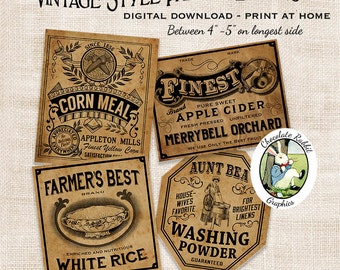 May include: Four vintage-style pantry labels with black and white illustrations and text. The labels are printed on a brown paper background. The labels are for corn meal, apple cider, white rice, and washing powder. The labels are designed to be printed at home and measure between 4 and 5 inches on the longest side.