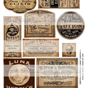 May include: A collection of vintage-style labels with a Halloween theme. The labels feature illustrations of witches, skulls, and potions, and include text such as "Poison Foxglove Elixir", "Potent Potions", "Witch's Brew", and "Vampire Repellent".
