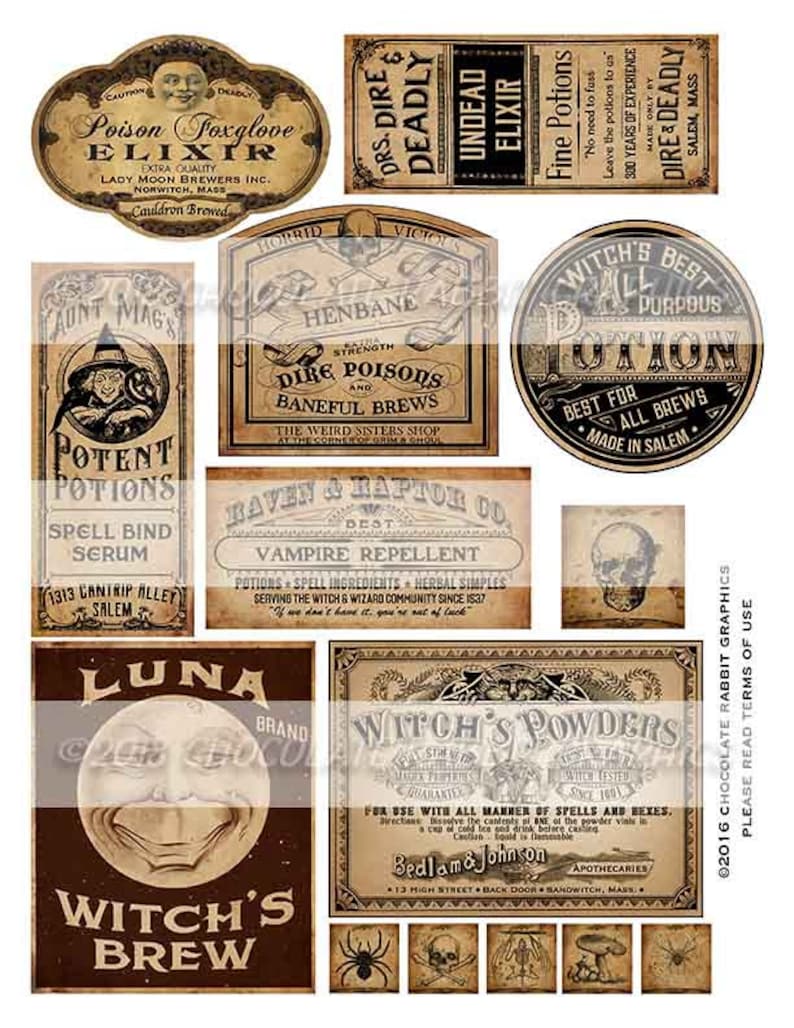 May include: A collection of vintage-style labels with a Halloween theme. The labels feature illustrations of witches, skulls, and potions, and include text such as "Poison Foxglove Elixir", "Potent Potions", "Witch's Brew", and "Vampire Repellent".