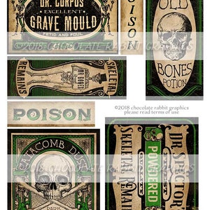 May include: A set of eight vintage-style Halloween labels featuring skulls, bones, and poison warnings. The labels are printed on a cream-colored background with black and green accents. The text on the labels includes "Old Bones Potion", "Dr. Corpus' Excellent Grave Mould", "Skeletal Remains", "Catcomb Dust Plague Years", "Dr. Spector's Finest Powdered", and "Poison".
