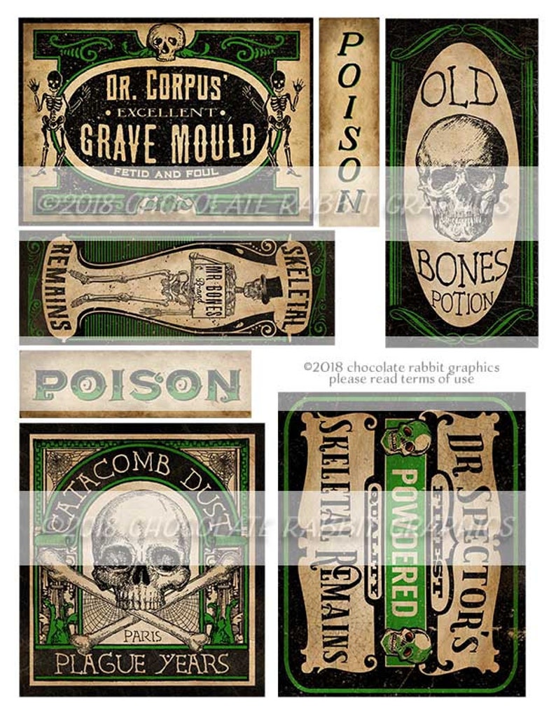 May include: A set of eight vintage-style Halloween labels featuring skulls, bones, and poison warnings. The labels are printed on a cream-colored background with black and green accents. The text on the labels includes "Old Bones Potion", "Dr. Corpus' Excellent Grave Mould", "Skeletal Remains", "Catcomb Dust Plague Years", "Dr. Spector's Finest Powdered", and "Poison".