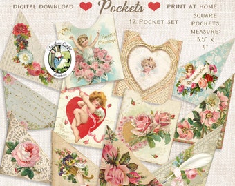 Valentinstag Junk Journal Taschen, Druckbare Taschenecken, Digitale viktorianische Clipart, Scrapbook Collage Sheet
