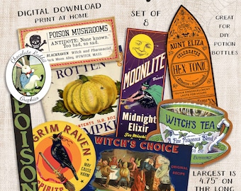 Halloween Witch Potion Pantry Labels, Digital Vintage Style Tags, Witchy Printable Clip Art