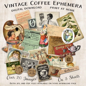 Vintage Coffee Ephemera, Junk Journal Collage Sheet, Scrapbook Clip Art