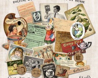 Vintage Coffee Ephemera, Junk Journal Collage Sheet, Scrapbook Clip Art