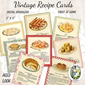 Cartões de receitas vintage, receitas country para impressão, download digital, decoração de cozinha country, páginas de livros de receitas vintage, etiquetas para presentes de culinária