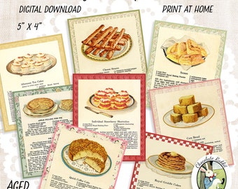 May include: Vintage recipe cards with an aged look. The cards feature images of various baked goods, including scones, tea cakes, strawberry shortcakes, cornbread, and griddle cakes. The cards are 5 inches by 4 inches and are printable at home.