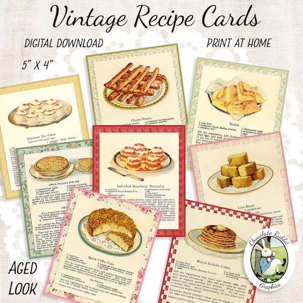 Vintage Recipe Cards, Printable Country Recipes, Digital Download, Country Kitchen Decor, Vintage Cookbook Pages, Cooking Gift Tags