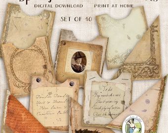 May include: Set of 10 printable spooky junk journal pockets with vintage-inspired designs. The pockets feature various textures, including aged paper, handwritten text, and a bat silhouette. The text includes phrases like "Double Doublo", "Foil & Troub", "Fire burn", "Conteron bubbl", and "Todo".