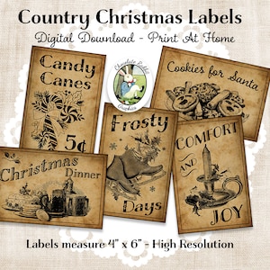 Primitive Country Christmas Labels, Printable Christmas Tags, Digital Holiday Signs, Vintage Style Ephemera