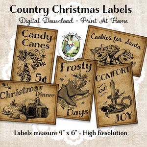 Primitive Country Weihnachtsetiketten, druckbare Weihnachtsanhänger, digitale Feiertagsschilder, Vintage-Stil Ephemera