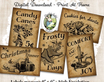 Primitive Country Christmas Labels, Printable Christmas Tags, Digital Holiday Signs, Vintage Style Ephemera