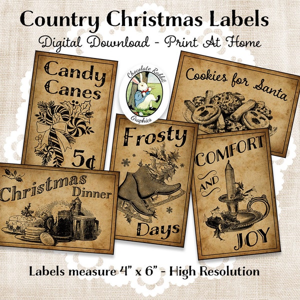 Étiquettes de Noël de pays primitif, étiquettes de Noël imprimables, signes de vacances numériques, éphémères de style vintage