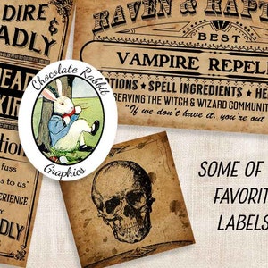 May include: A collection of vintage-style labels with a whimsical theme. The labels feature illustrations of a rabbit, a skull, and text that reads "Vampire Repellent", "Undead Elixir", "Fine Potion", "Some of My Favorite Labels!" and "DRS. DIRE & DEADLY".