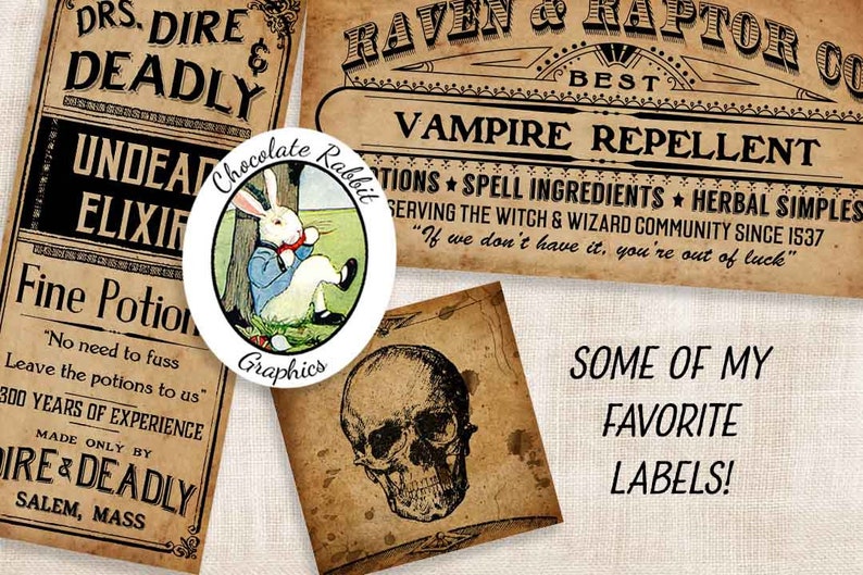 May include: A collection of vintage-style labels with a whimsical theme. The labels feature illustrations of a rabbit, a skull, and text that reads "Vampire Repellent", "Undead Elixir", "Fine Potion", "Some of My Favorite Labels!" and "DRS. DIRE & DEADLY".