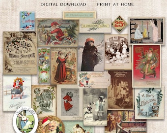 Vintage Navidad Clip Art, imprimible diario basura Ephemera, vacaciones Digital Santa Scrapbook Clipart