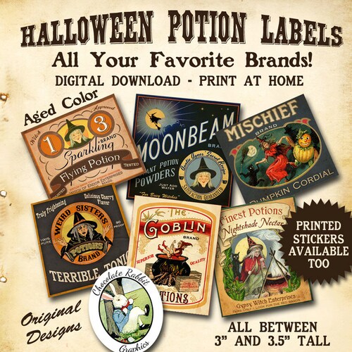 Potion Bottle Labels Vintage Witch Apothecary Digital Download Halloween Printable Aged Color DIY Jar Tags Prim Clip Art Scrapbook Images