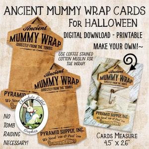 Mummy Wrap Halloween Karte, Vintage Stil digitaler Download, druckbare Spitzenhalter, Mitbringsel Geschenkanhänger