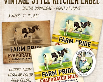 Printable Kitchen Labels, Vintage Milk Label, Primitive Clip Art, Pantry Labels, Digital Download