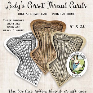 Vintage Corset Thread Cards, Lace Cards, Ribbon Holders, Printable Ribbon Spools, Instant Digital Download, Vintage Corset Clipart