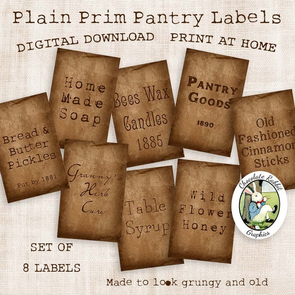 Plain Primitive Pantry Labels, Printable Country Style Tags, Digital Grungy Prim Clipart, Vintage Labels