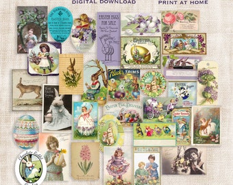 Vintage Easter Clip Art Collage Sheet, Digital Candy Labels, Printable Bunny Clipart, Journal Scrapbook Prints